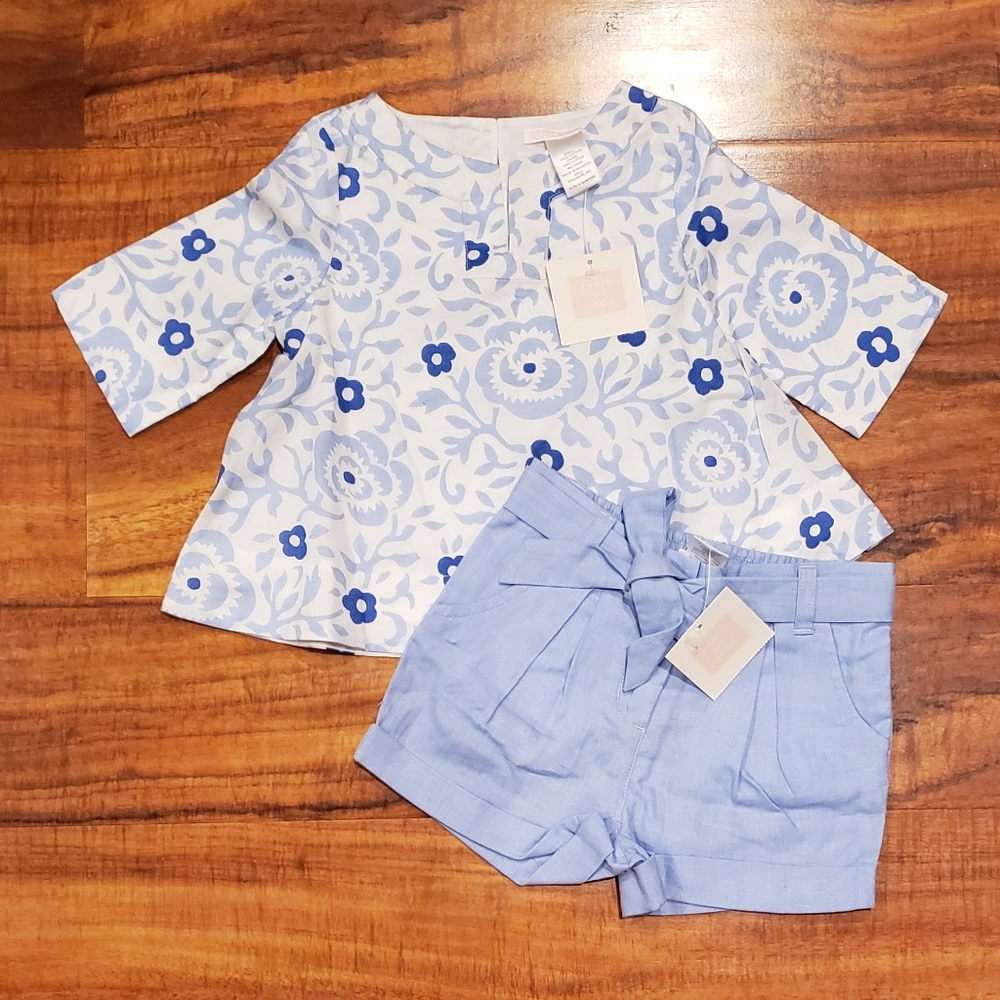 Janie & Jack NWT 12-18 month blue/ivory floral tunic top and linen belted shorts